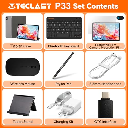 TECLAST P33 Tablet 10 Inch Gemini AI, Android Tablet with 10 Accessories, 64GB+4TB TF, 2GHz Octa-Core, Widevine L1, WiFi 6, 6000mAh/BT5.4/OTG, Tablet with Keyboard+Pencil+Case+Mouse+Headphones, 2026