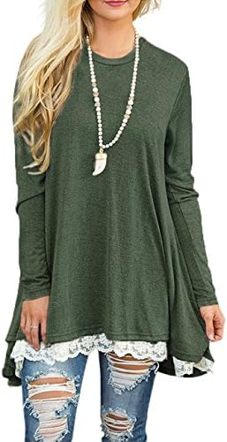 Women's A-line Long Tunic Top Blouse Long Sleeve Lace Hemline Shirts Loose Fit Tunic Dress