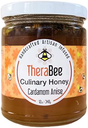 TheraBee Cardamom Anise Culinary Honey. Made with 100% pure, raw, unheated, unfiltered, USA honey. Handcrafted and infused with organic Cardamom Seeds and Pods and Organic Star Anise. Amazing chai-like flavor perfect for tea, dessert or as a glaze over lamb. Just as delicious over yogurt, french toast, waffles, ice cream or straight out of the jar. 100% Natural. Gluten Free. Beautiful and unique gift idea for the foodie on your list.