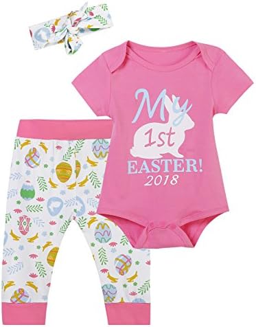 Okbebe Happy Easter Baby Girls' Bunny Outfit Set Romper Pants With Headband (Pink02, 0-3 Months)