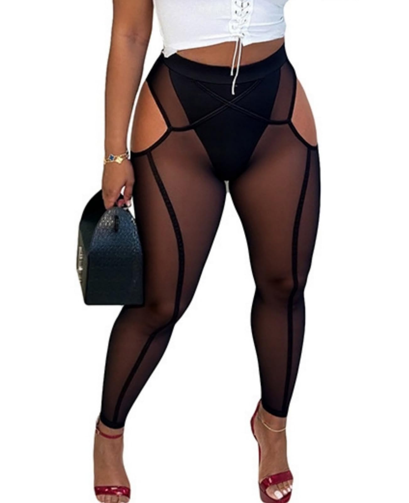 Photo 1 of Mesh Leggings for Women Sexy - High Waist See Through Tights Cut Out Long Skinny Rave Pants with Panties Clubwear Black L