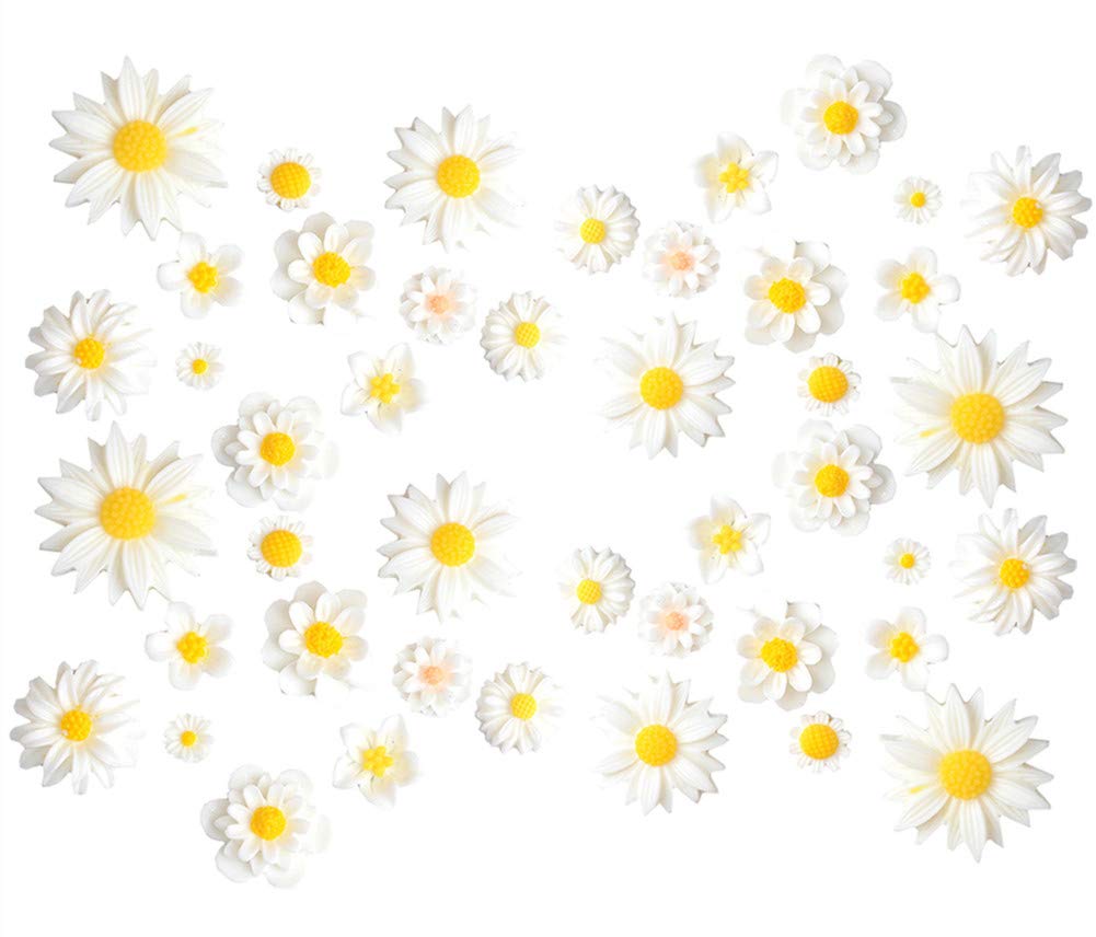 44 Pack Flower Resin Charms Daisy Peony Plastic Flatback Loose Beads for Jewellery Making Scrapbooking Phone Case Decor Hair Accessories Fairy Garden Decor (White)