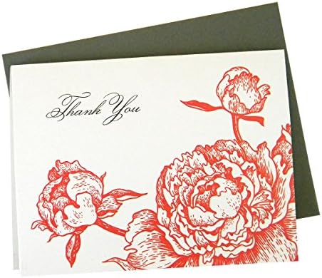 Thank You Cards - Set of 10 - Peonies Red - 100% Post Consumer Recycled Paper