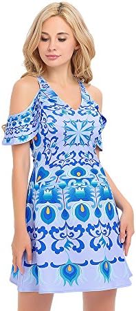 Floral Dresses, Yagoor Women's V Neck Cut Out Shoulder Slim Fit Floral Print Casual Mini Shirt Dresses blue xl