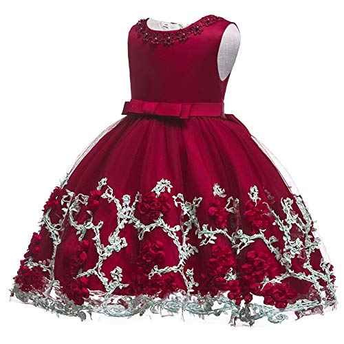 Flower Dresses Girls Infant Baby Toddler Princess Tulle Lace 3D Sleeveless Tea Length Tutu Formal Ball Gowns Dress 3-6 Months Wine Red - Thumbnail 2