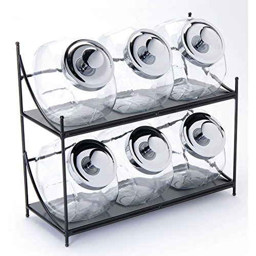 Glass Jar Display Rack, Black Metal with Six 1/2 gal Clear Glass Jars 16 3/4"W x 7"D x 15"H