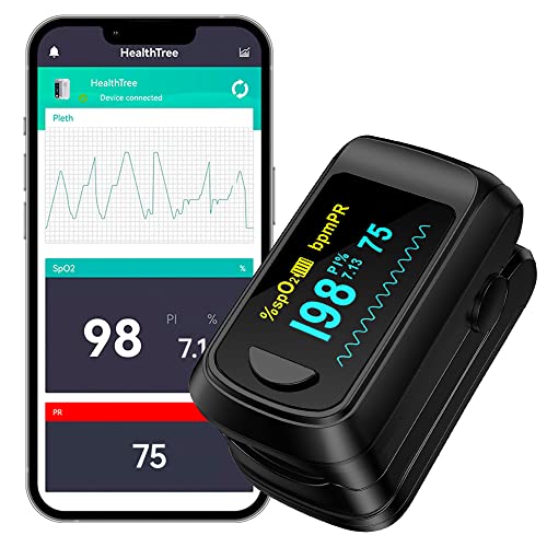 Fingertip Pulse Oximeter Bluetooth Blood Oxygen Saturation Monitor and Pulse Rate Monitor for Apple and Android, with OLED Screen 2 X AAA Batteries and Lanyard