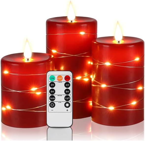 Lighting - Upinmz Flameless Candle Battery with String of Lights Battery Powered LED Candle Flashing Candle with Remote Control and Timer 3 Packs (red)