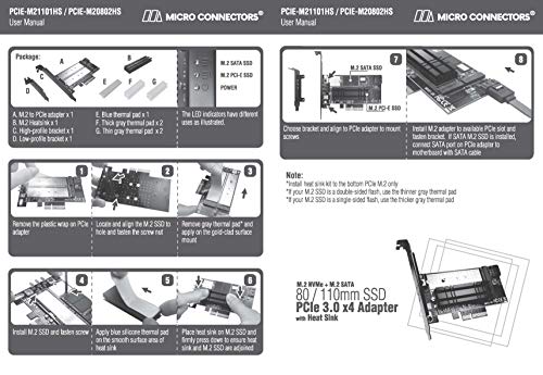 MICRO CONNECTORS M.2 NVMe + M.2 SATA 80mm SSD PCIe x4 Adapter with Heat Sink (PCIE-M20802HS) - Thumbnail 5