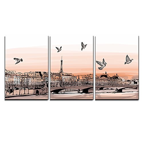 Vector View of Paris from Pont Des Arts Vector Illustration Home Art x3 Panels