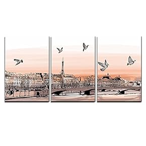 3 Piece Canvas Wall Art - Vector - View of Paris from Pont Des Arts - Vector Illustration - Modern Home Art Stretched and Framed Ready to Hang - 16"x24"x3 Panels
