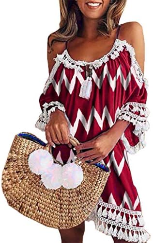 Sonojie Clearance sale Women's Boho Off Shoulder Dress Tassel Loose Casual Bohemia Printed Cocktail Party Holiday Beach Dresses