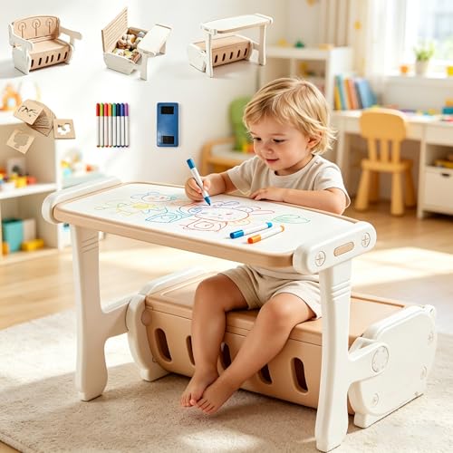 Mesa Multifuncional Para NiñOs,Convertible En Banco Y Caja De Almacenamiento,Mesa De Juguete Con Tablero De Dibujo,Incluye 20 Plantillas de Dibujo,Para Jugar, Dibujar Y Organizar Juguetes En El Hogar