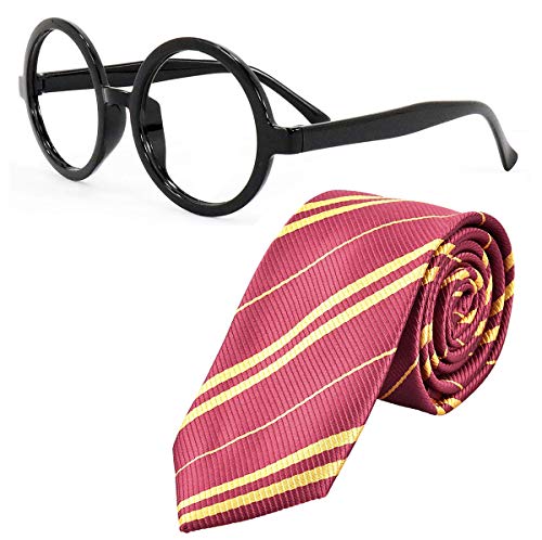 Sawaruita Striped Tie with Novelty Glasses Frame, for School Christmas Cosplay Costumes Accessories, Suit Kids Teensã€Women and Men (Deep Red)