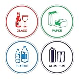 Recycling Sorting Sticker Signs Decals - Paper, Aluminum, Plastic, Glass (Set of 4 Stickers)