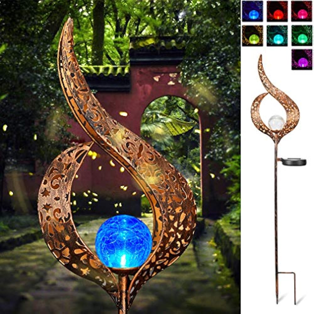 Solar Stake Lights Outdoor Crackle Glass Globe Metal Color Changing