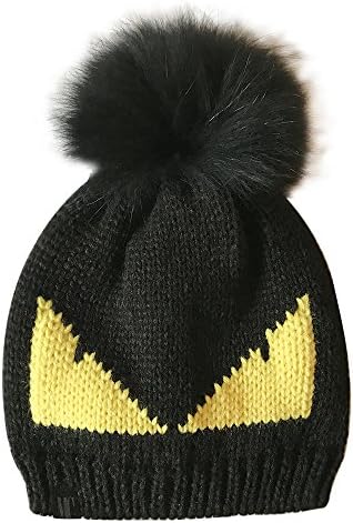 Maison De Coco Unisex Winter Fur Hat Real Big Raccoon Fur Pom Pom Monster Eye Beanie Knit Hats (Black)