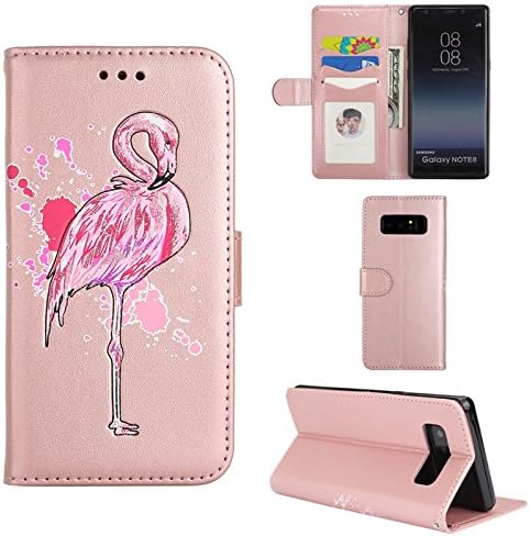Aipyy Galaxy Note 8 Case,[Card Slots] Wallet Folio Style PU Leather Glitter Powder Flamingo Emboss Flip Case Kickstand Cover &amp; Magnetic Closure for Samsung Galaxy Note 8 [Rose Gold]