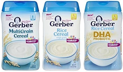 Gerber Baby Cereal 3 Flavor 8oz. Variety Pack: (1) MultiGrain Cereal, (1) Rice Cereal Single Grain and (1) DHA & Probiotic Rice Cereal by GerberUSA