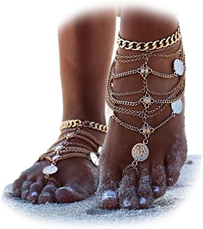 2Pcs Boho Vintage Silver Tone Gold Tone Coin Blessing Symbol Tassel Indian Anklets Foot Jewelry (Gold)