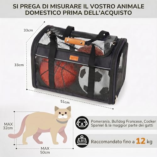 Morpilot Pet Carrier Carrier for Any Size Cats and Puppy Dogs, Maximum Load 12kg, Four-Sided Ventilated Mesh Ideal for Home Use and Travel, Black Gold