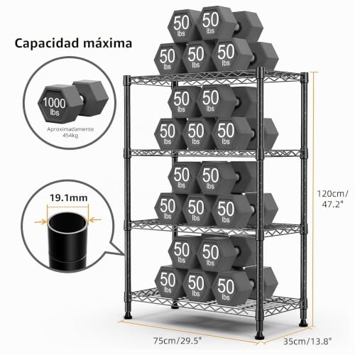 M MZG Metal Shelving Unit with 4 Levels, Load Capacity of 454 kg, Adjustable Shelves for Garage, Storage, Laundry and Kitchen, Study, Black, 35 x 75 x 120.5 cm
