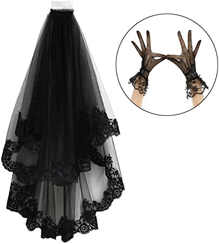 Elinadress Women's Floral Bowknot Bridal Lace Gloves And Veil Ladies Fashion Sexy Short Princess Wedding Gloves Halloween Gloves