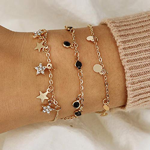 YERTTER Women Layered Gold Star and Sequin Rhinestones Ankle Bracelet Charm Beaded Dainty Foot Jewelry for Women and Teen Girls Summer Barefoot Beach Anklet Set of 3 - Thumbnail 2
