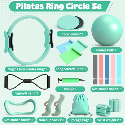 Kit Pilates en Casa Completo para Mujer, Incluye Aro Pilates de 14", Pelota de Pilates, Bandas Elásticas Musculación, Gomas Elásticas, Pesos de Muñeca Ajustables, Ideal para en Casa
