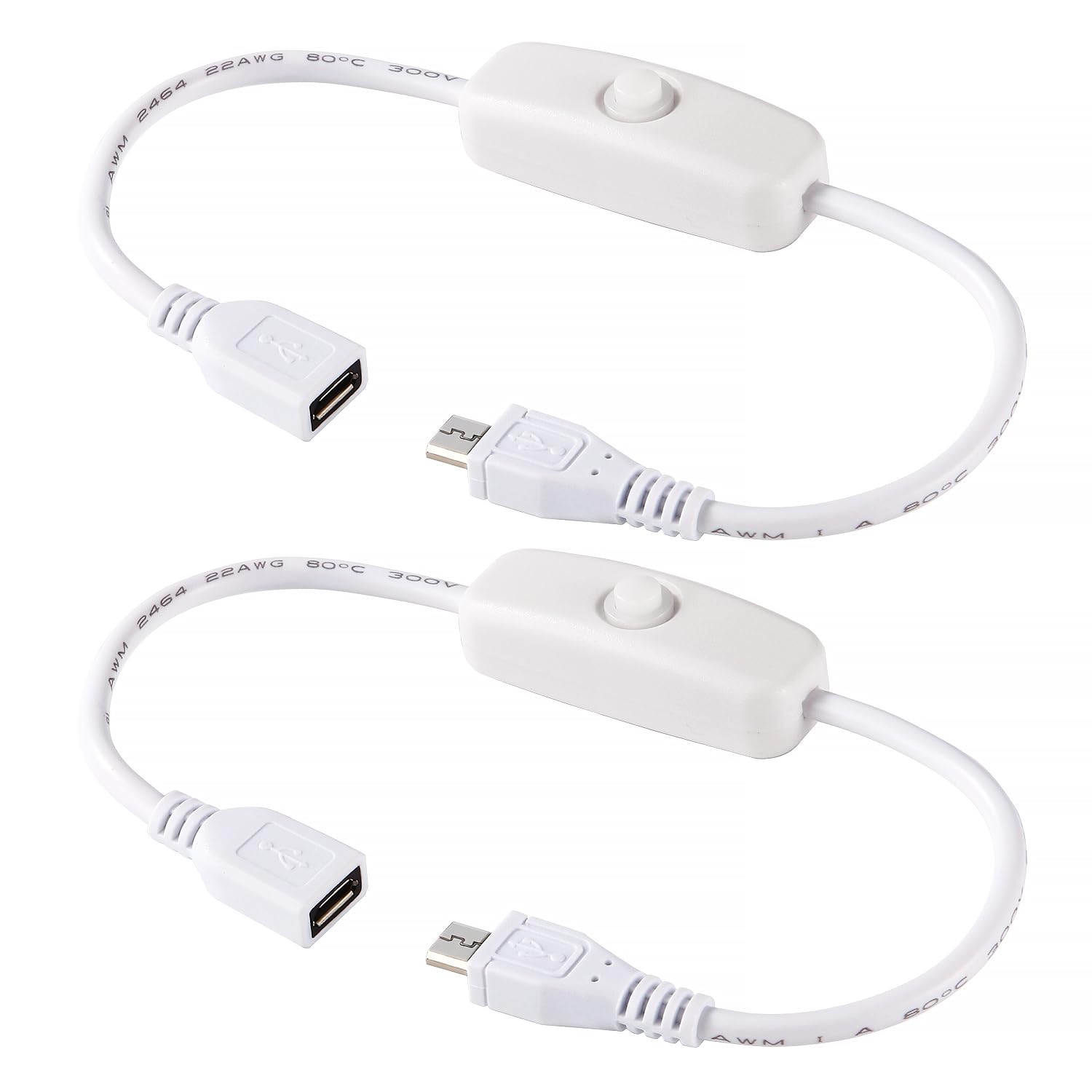 KUOQIY 2 PCS 0.27m Micro USB Extension Cable with On/Off Switch, for LED Desk Lamp LED Strip, White