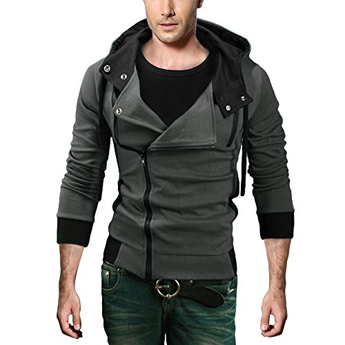 DJT Men's Oblique Zipper Hoodie Casual Top Coat Slim Fit Jacket Dark Grey L