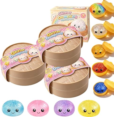 SLEEPHEAD®New Mystery Dumpling Squishy, Rare Glitter Dumpling Squishy– Random Surprise Stress Dumplings in Mini Steamer Basket (Color Random*3)