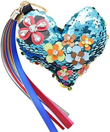 Yeefant Korean Version Personality Fashion Bags Accessories Colorful Imitation Love Sequin Patchwork Tassel Ball Pendant Handbags Ornaments Plush Keychain Car Key Ring,Blue