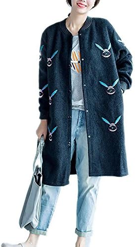 Nuan Jia Feng Autumn and winter new original wild in the long section of simple embroidery rabbit large size cardigan jacket , black , one size