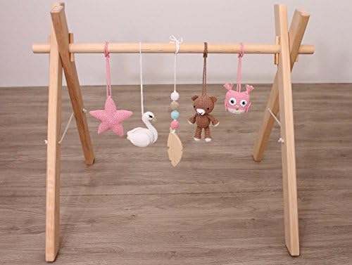 Pink &amp; gold woodland play gym with 5 toys. White, pink, gold. Swan, Bear, Owl, Star, Feather. Wooden gym frame, crochet baby gym toys. Feminine. Baby girl gift