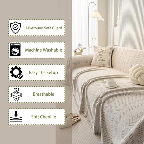 SLEEPHEAD® Chenille Sofa Cover - Cat-Proof & Anti-Scratch Couch Protector Slipcover with Tassels | Universal Fit for 2-3 Cushion Couch Washable Leakproof Furniture Protector （180 * 300cm）