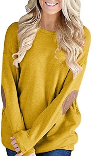 DRACLE Tops for Womens Long Sleeve Solid Color Round Neck Knitting Cotton Casual (L, Yellow)