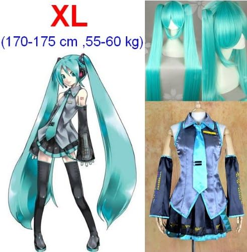 Anime japonais Vocaloid Hatsune Miku Cosplay Costume, taille,(XL: 170-175cm,55-60kg) + Perruque 120cm Deux queues de cheval
