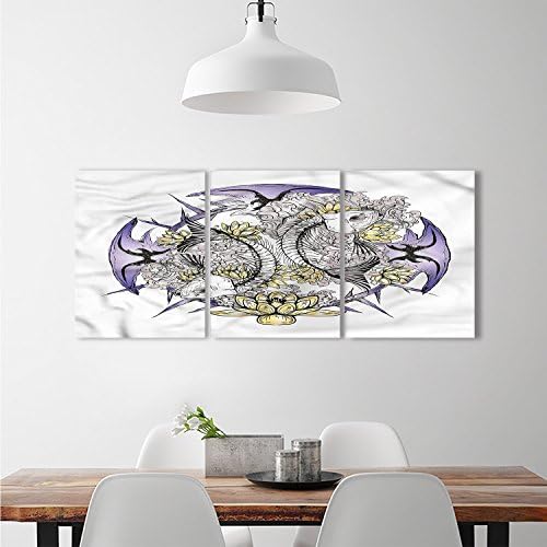 Skull Triptych Canvas Set Pisces Fish with Lotus Flowers Traditional Eastern Symbolic Spiritual Religiouslandscape wall stickers Yellow Purple