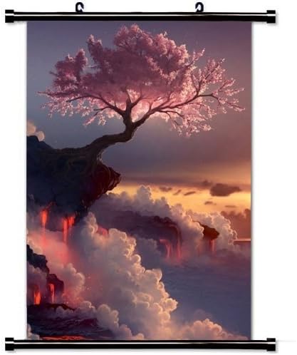 Paintings - Home Decor Art Poster with Fantasy Pink Cherry Blossoms Cloudy Mountain Top Skyscape Paint Art Wall Scroll Poster Fabric Painting 23.6 X 35.4 Inch (60cm X 90 cm)