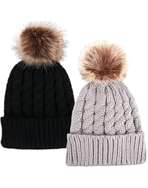 Womens Winter Hand Knit Faux Fur Pompoms Beanie Hat