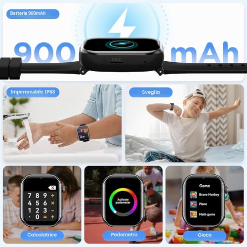 4G Smartwatch Bambini, Orologio Smartwatch Bambini con GPS, Doppia Fotocamera, Chiamate, Videochiamata, SOS, Modalità Scuola, Torcia, IP68, Contapassi per Ragazzi e Ragazze, Nero, Garanzia 3 Anni