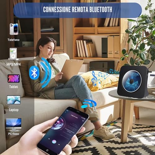 Lettore CD Bluetooth con design da scrivania, Lettore CD Radio portatile con doppie casse e timer, Supporta ingresso AUX/USB, Trasmissione Bluetooth, Album musicali in multipli formati