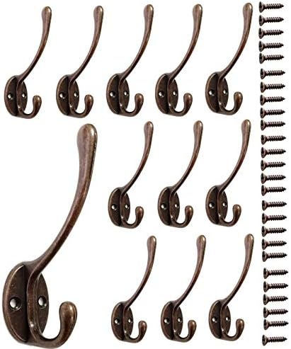 12 Pack Dual Coat Hooks Wall Mounted Metal Hooks Utility Hooks Robe Hook Rustic Double Hooks Coat Hanger and 26 Screws for Coat, Scarf, Bag, Towel, Key, Cap, Cup, Hat Reddish Brown