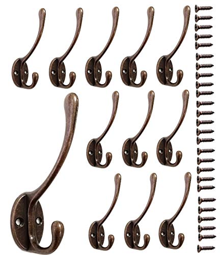 12 Pack Dual Coat Hooks Wall Mounted Metal Hooks Utility Hooks Robe Hook Rustic Double Hooks Coat Hanger and 26 Screws for Coat, Scarf, Bag, Towel, Key, Cap, Cup, Hat Reddish Brown