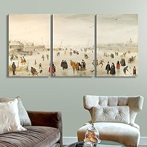 3 Panel World Famous Painting Reproduction on Canvas Wall Art - A Scene on The Ice by Hendrick Avercamp - Modern Home Art Ready to Hang - 16"x24" x 3 Panels