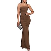 EYNMIN Women's Sleeveless Bodycon Corset Maxi Dress Spaghetti Strap Ruched Elegant Evening Wedding Guest Long Formal Dresses