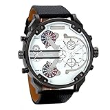 Avaner Casual Fashion Mens Big Face Round Dial Dual Time Zone Analog Display Quartz Movement PU Leather Band Wrist Watches