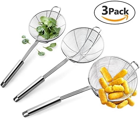 RayPard Set of 3 Stainless Steel Skimmer Strainer Ladle, 42cm, 45cm, 48cm, Wire Skimmer with Spiral Mesh, Professional Grade Handle Skimmer Spoon/Ladle for Spaetzle/Pasta/Chips