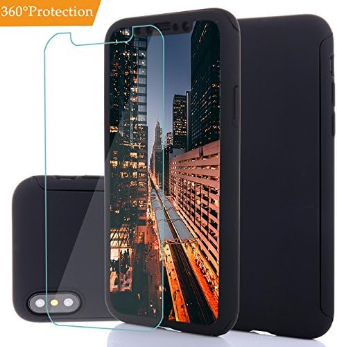 Iphone X Case, Ultra Thin Full Body Shockproof Impact Protection Case Flexible Hard PC Dual Layer Hybrid 360 All Round Anti Scratch Cover with Tempered Glass Screen Protector for Apple Iphone X(Black)